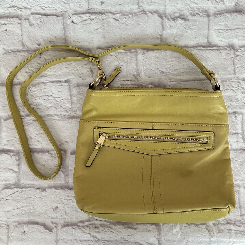 Tignanello Crossbody Shoulder Bag Strap Purse Leather Zip Pockets Yellow
